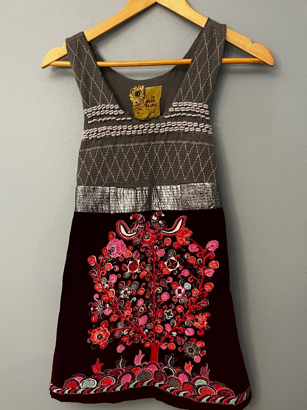 Free People Embroidered Pinafore Dress with Red Floral Motif